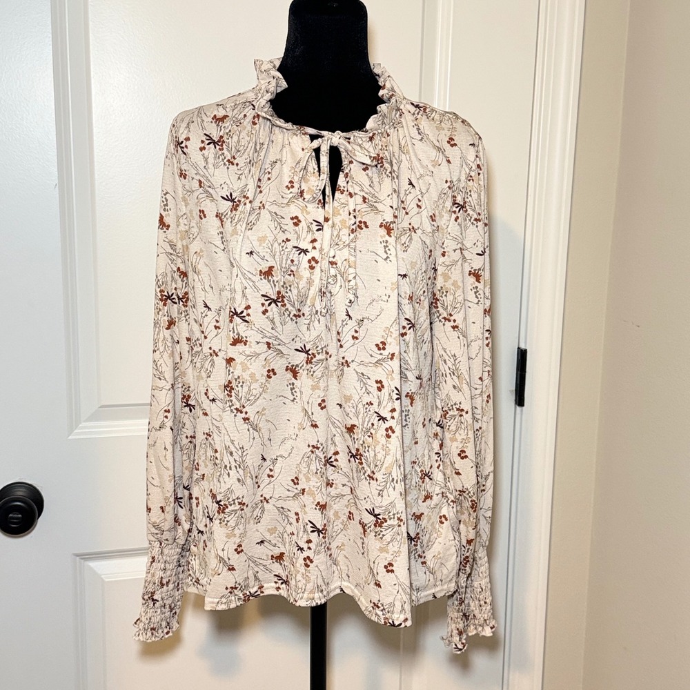 Melloday Floral Blouse Earth Tones Size L Boho Cottagecore